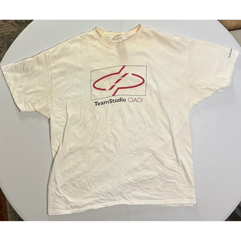 VTG Y2K TeamStudio CIAO 2XL T-Shirt Cream Thrashed Rare Technology Nerd